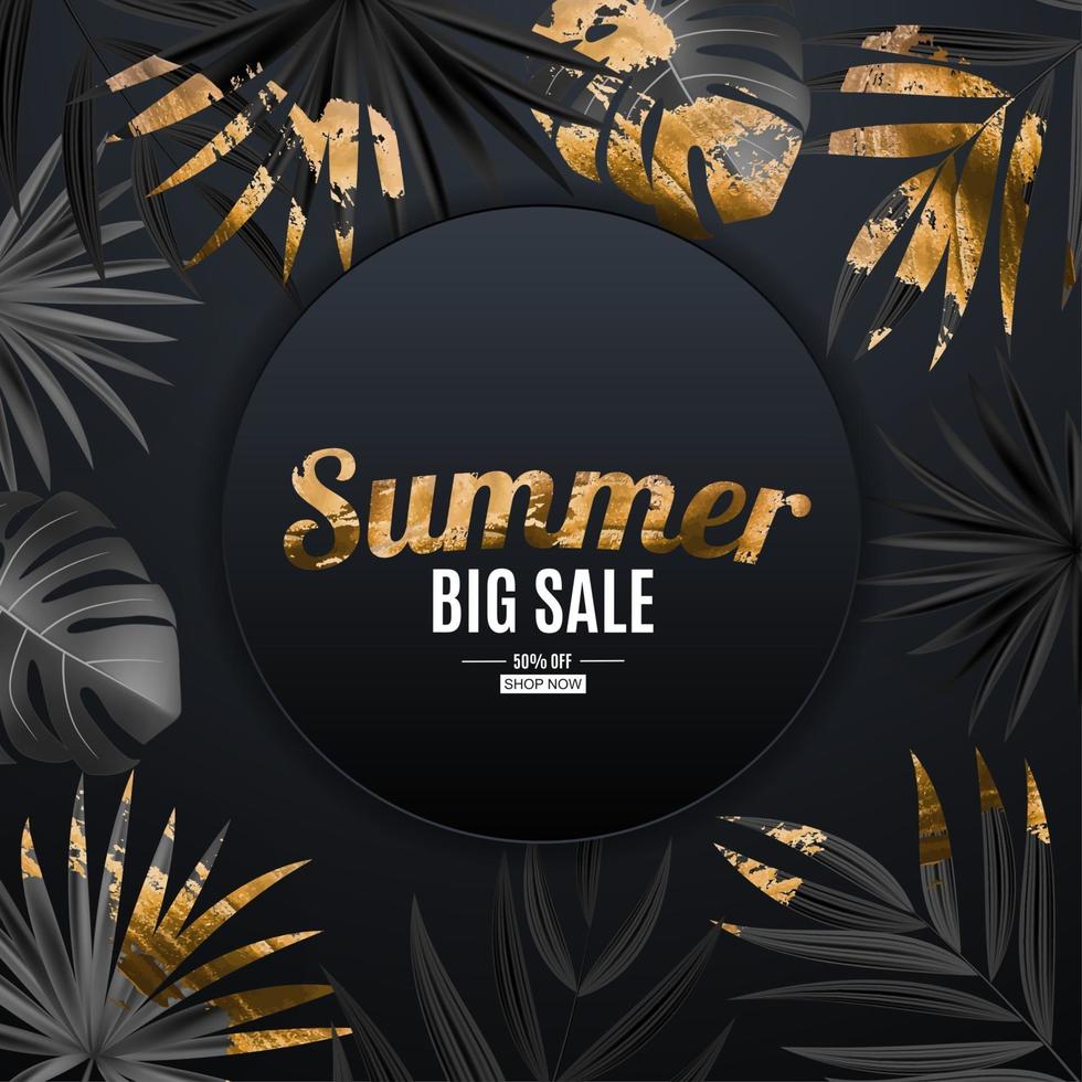 Natural Realistic Black and Gold Palm Leaf Tropical Background. Summer Sale Concept. Vector illustration EPS10
