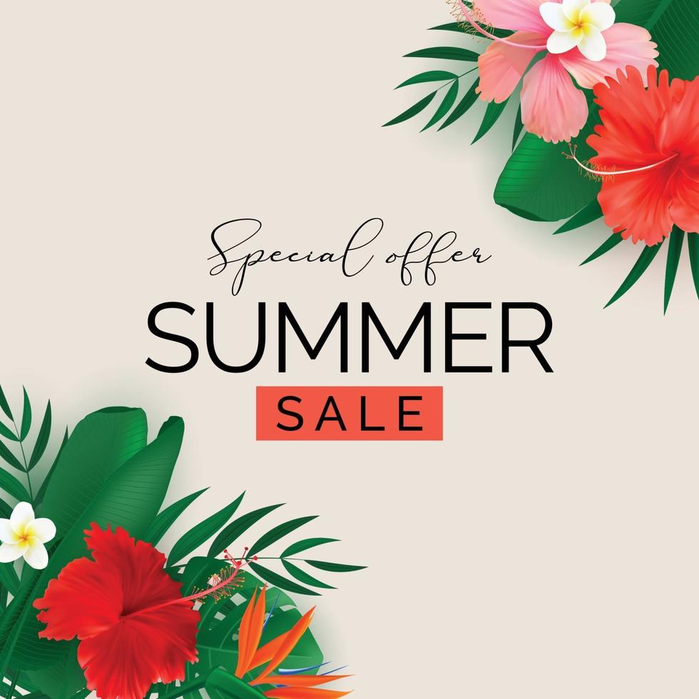 Summer sale poster. Natural Background with Tropical Palm and Monstera Leaves, exotic flower. Vector Illustration