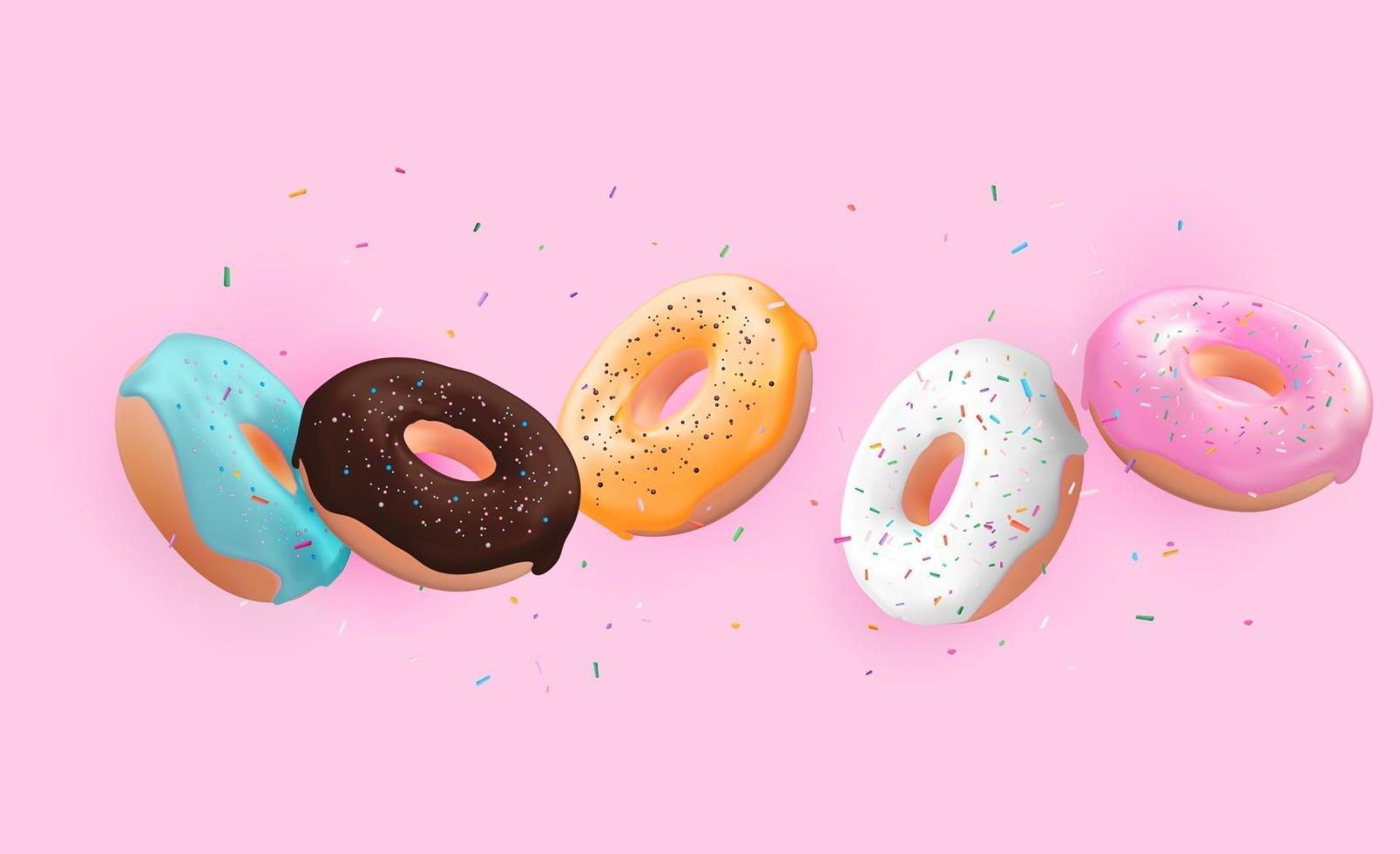 Fondo realista 3d dulce sabroso donut. se puede utilizar para el menú de postres, carteles, tarjetas. ilustración vectorial eps10 vector