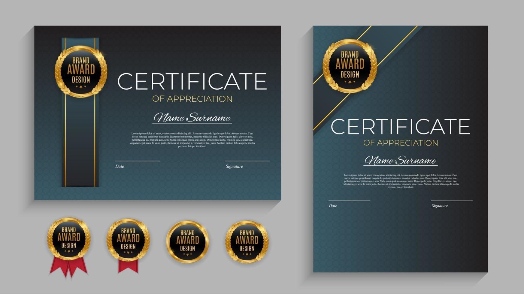 Certificate of achievement template set Background with gold badge and border. Award diploma design blank. Vector Illustration