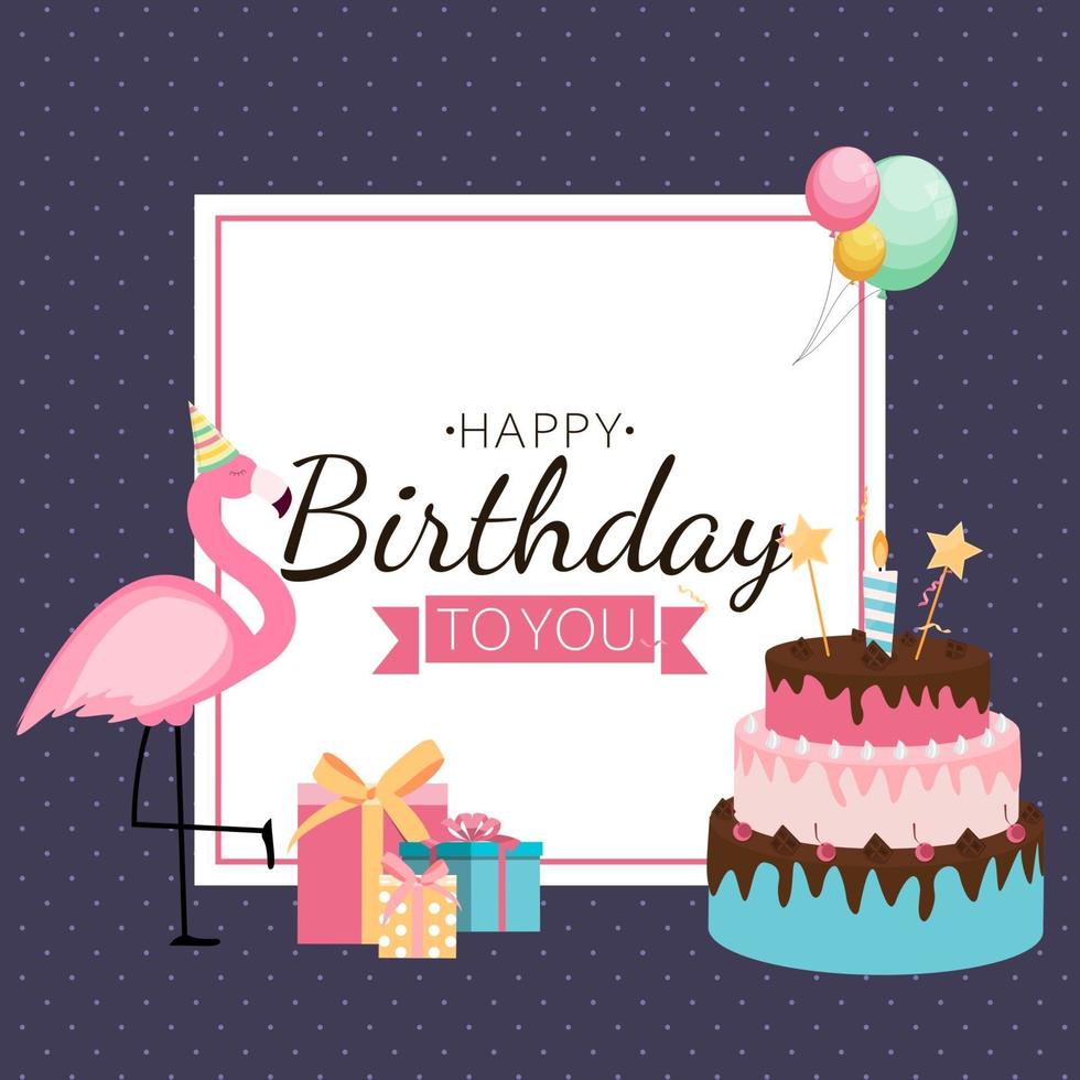 Cute Happy Birthday Background with PInk Flamingo, Cake and Candles. Design Element for Party Invitation, Congratulation. Vector Illustration EPS10