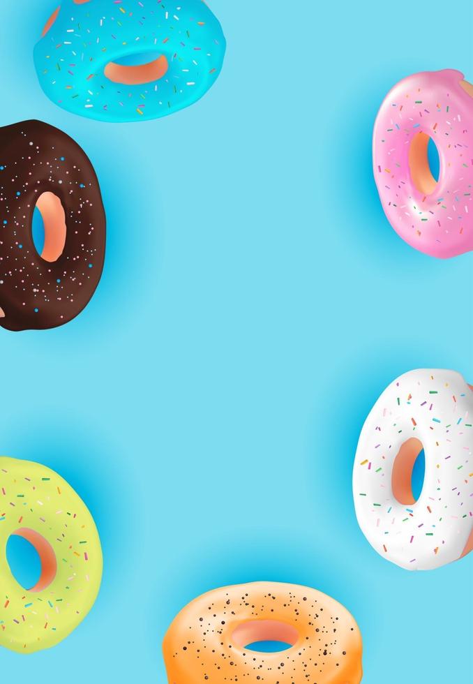 Realistic 3d sweet tasty donut background. Can be used for dessert menu, poster, card. Vector illustration EPS10