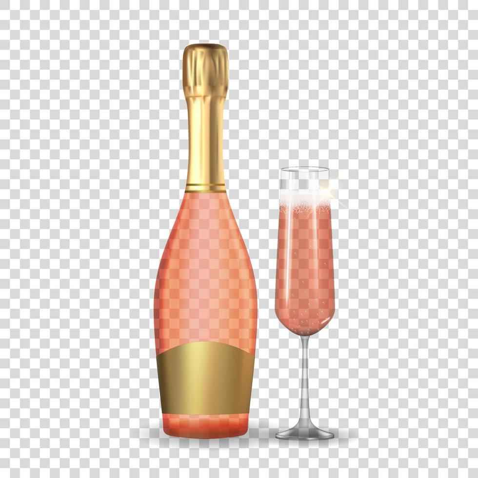 Realistic 3D champagne Rose Pink and Golden Bottle and Glass Icon isolated on white background. Vector Illustration EPS10