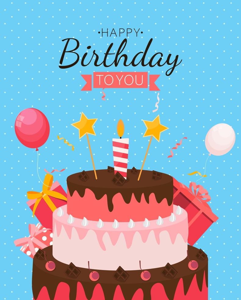 Cute Happy Birthday Background with Gift Box, Cake and Candles. Design Element for Party Invitation, Congratulation. Vector Illustration EPS10