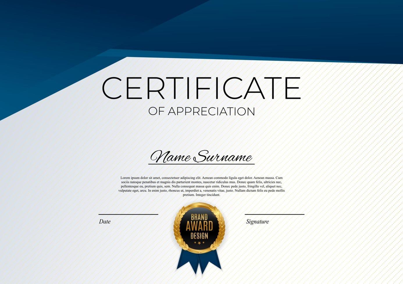 Blue and gold Certificate of achievement template Background with gold badge and border. Award diploma design blank. Vector Illustration EPS10