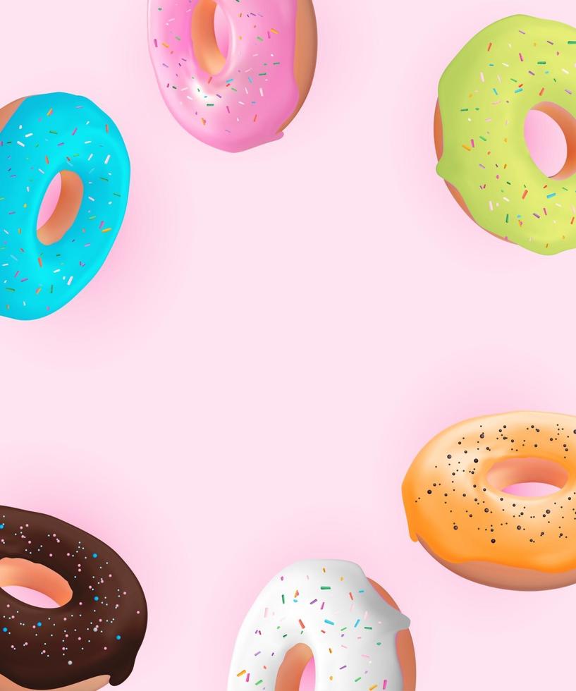 Realistic 3d sweet tasty donut background. Can be used for dessert menu, poster, card. Vector illustration EPS10