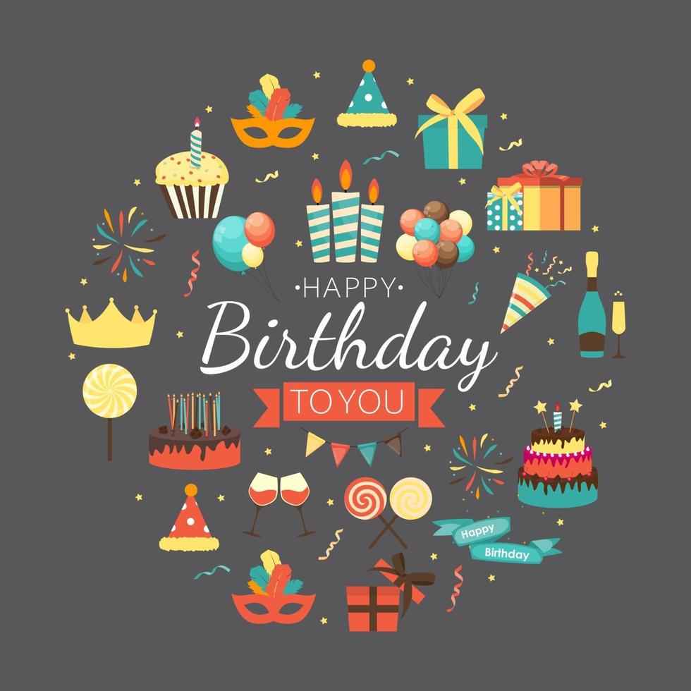Fondo lindo feliz cumpleaños con caja de regalo, pastel y velas y otro elemento de diseño para invitación a fiesta, felicitación. ilustración vectorial eps10 vector