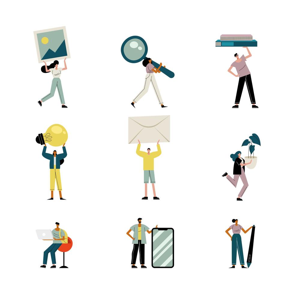 personas levantando objetos avatares personajes vector