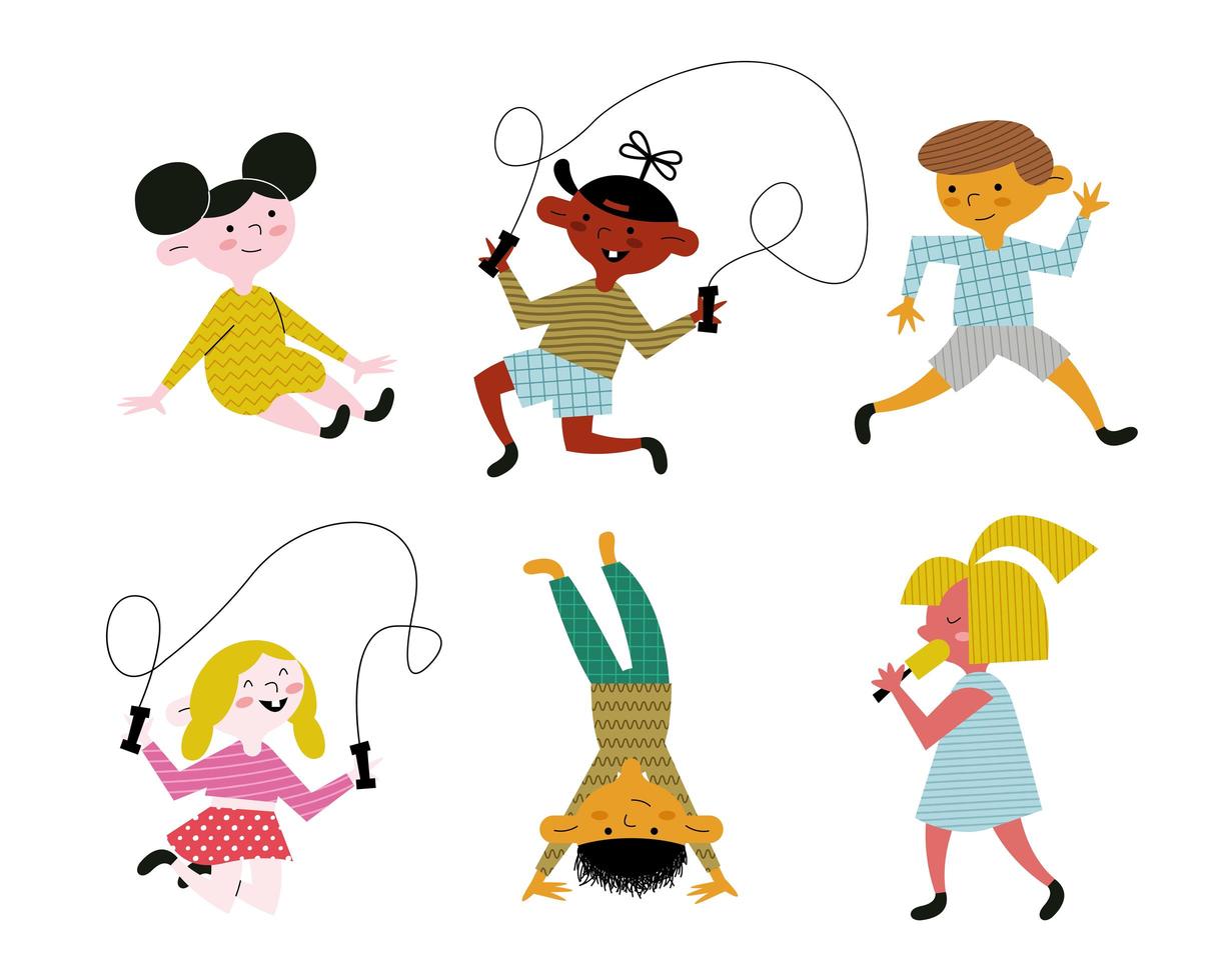 happy little six kids practicing activities characters vector