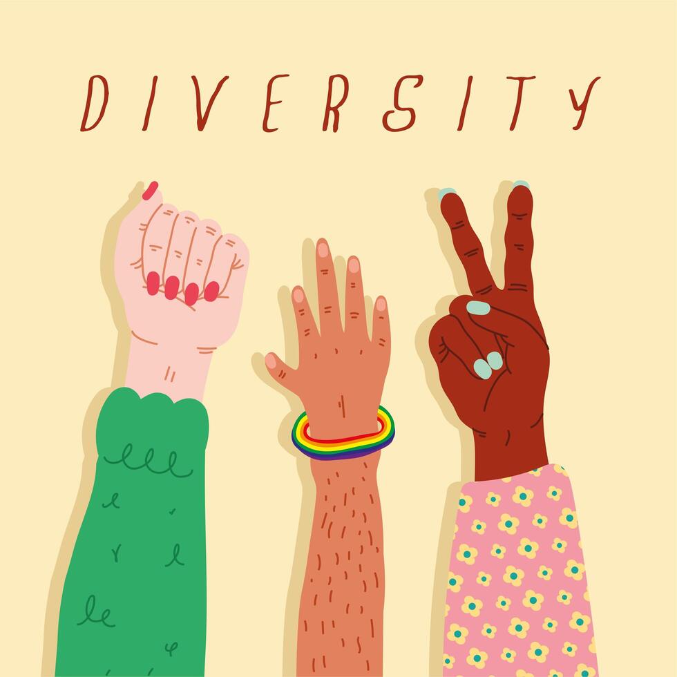 three diversity hands humans up and lettering vector