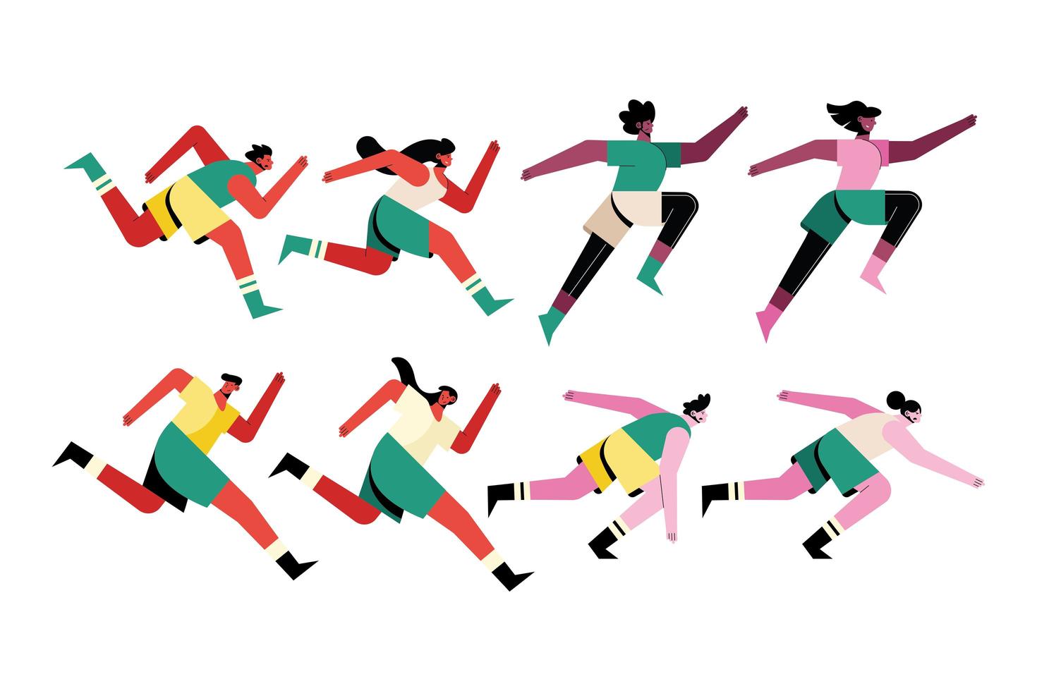 bundle of eight runners athletes characters vector