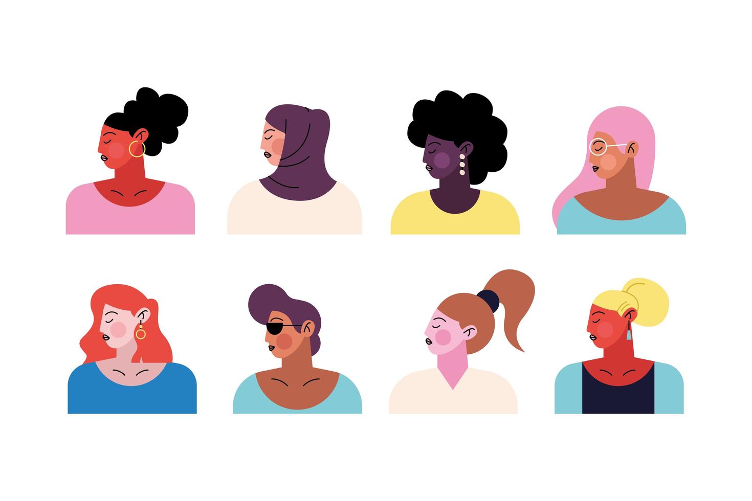 grupo de ocho personajes de mujeres jóvenes vector