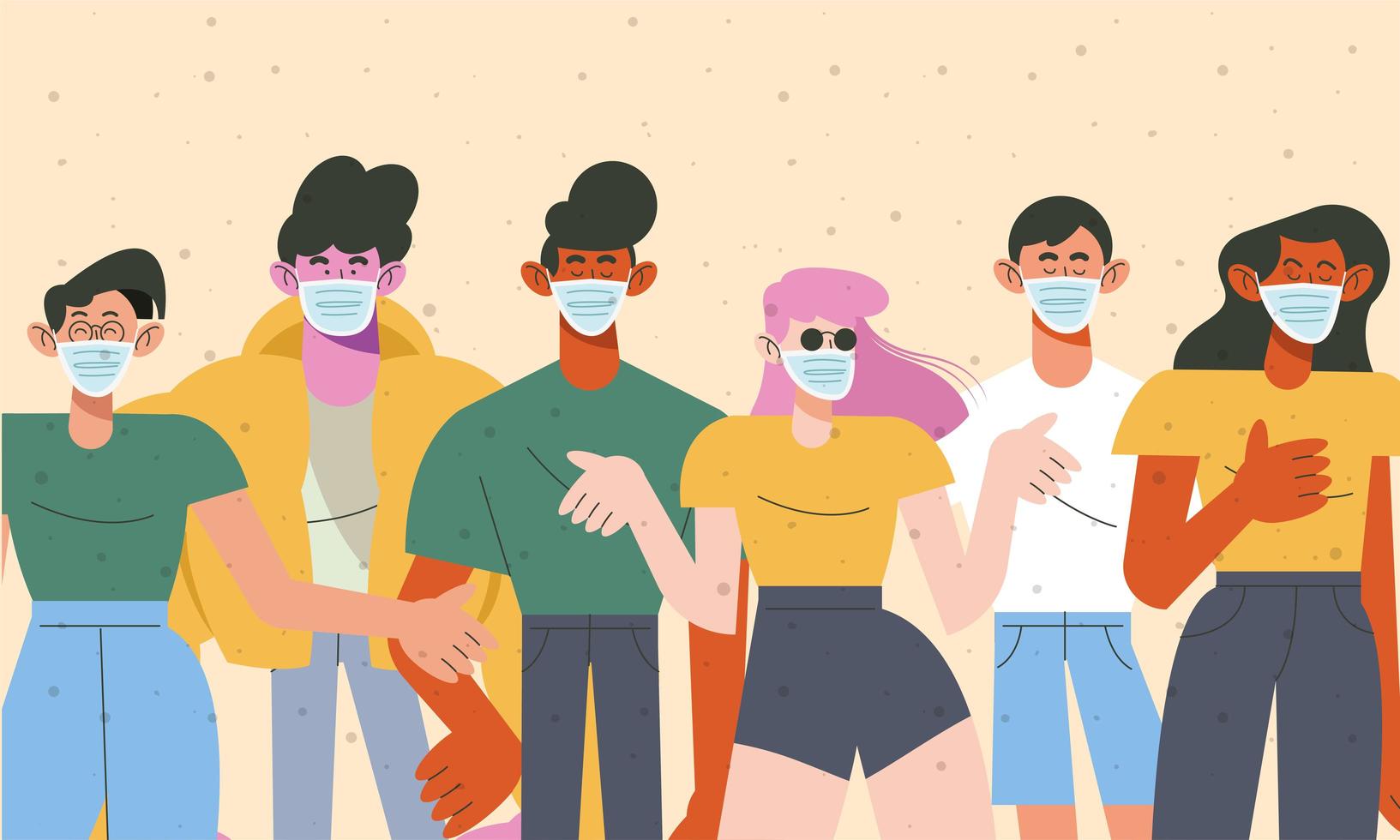 grupo de seis jóvenes con máscaras médicas vector