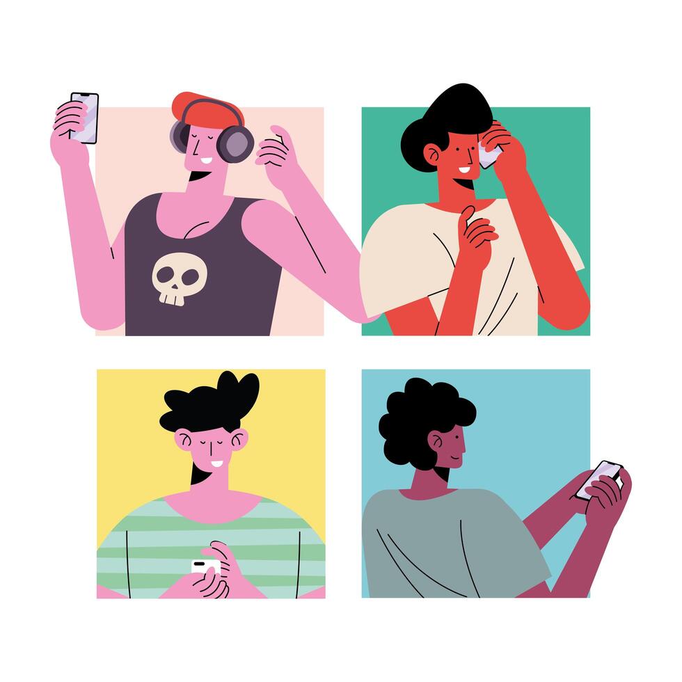 young four boys wearing technology avatars characters vector