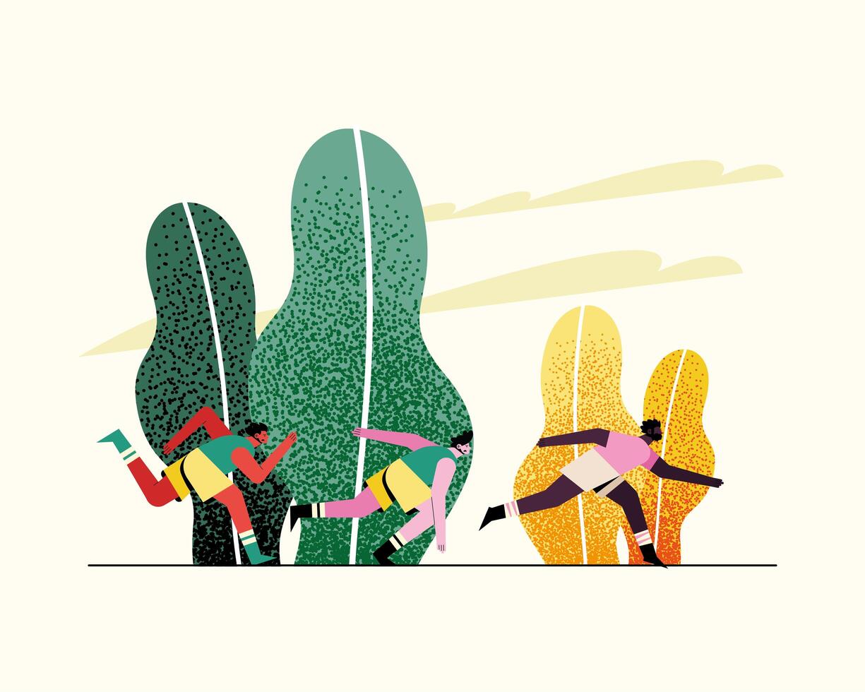 young men athletes running in the park characters vector