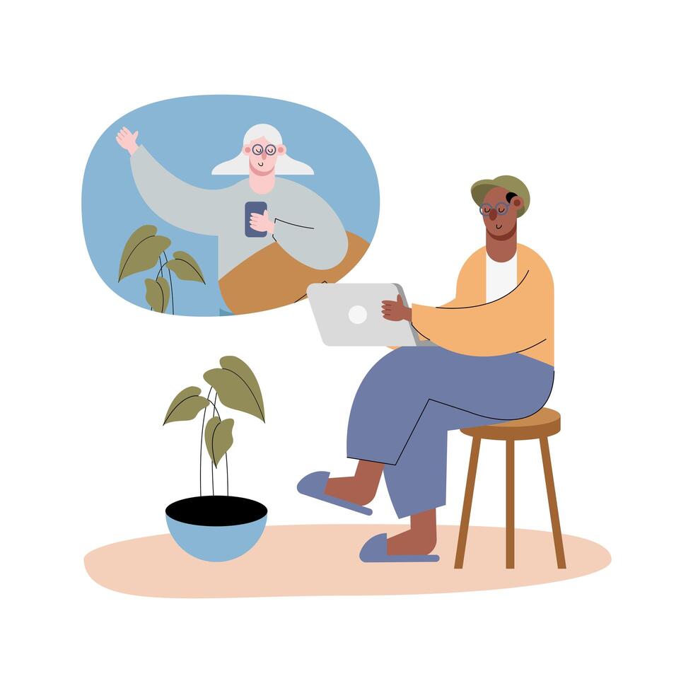 interracial old couple using technology in video calling characters vector