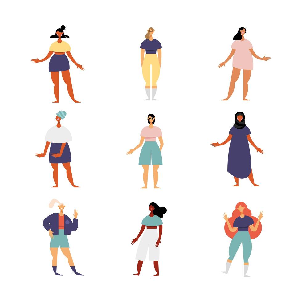 grupo de nueve personajes femeninos con diferentes vestidos. vector