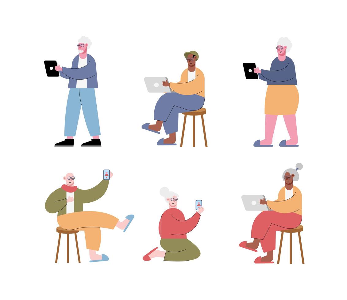 interracial old people using technology characters vector