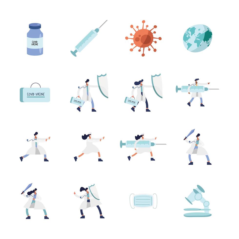 doctors wearing medical masks with covid19 vaccine icons vector