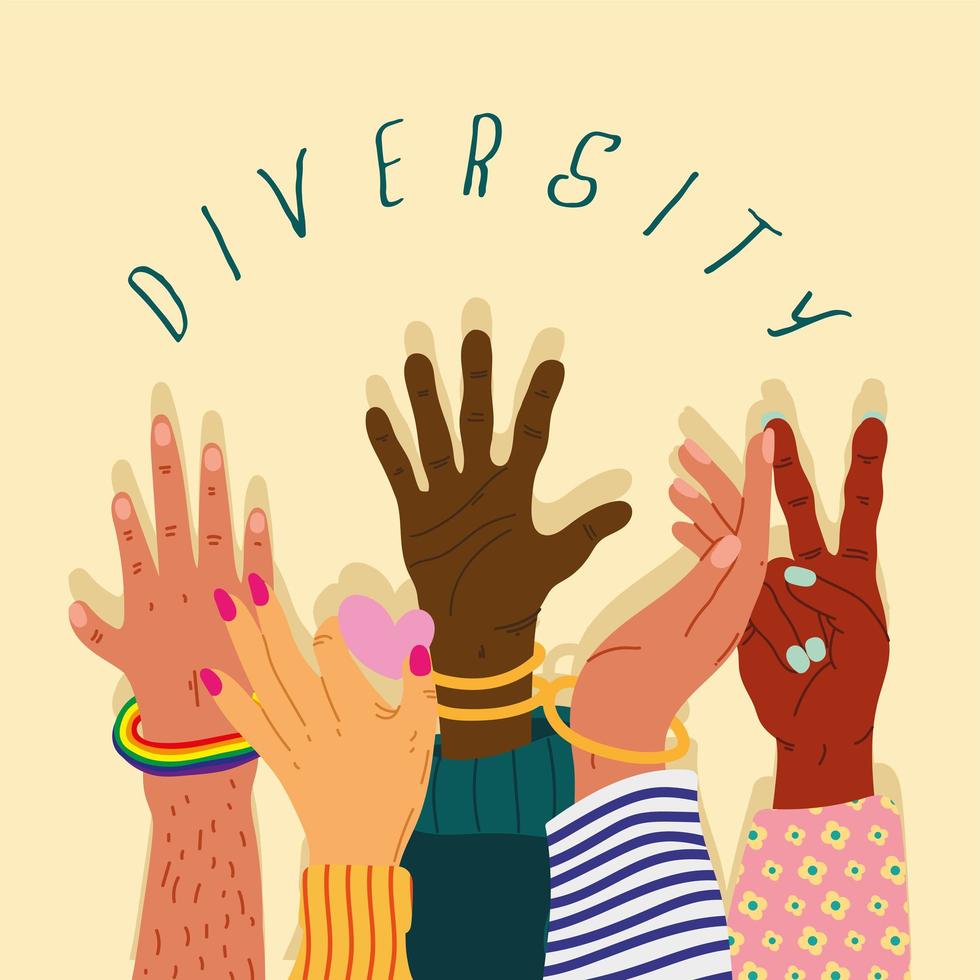 five diversity hands humans up and lettering vector