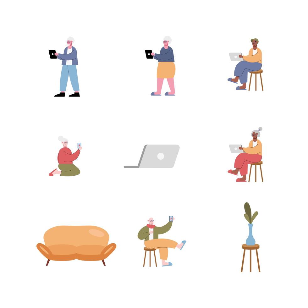 interracial old people using technology and set icons vector