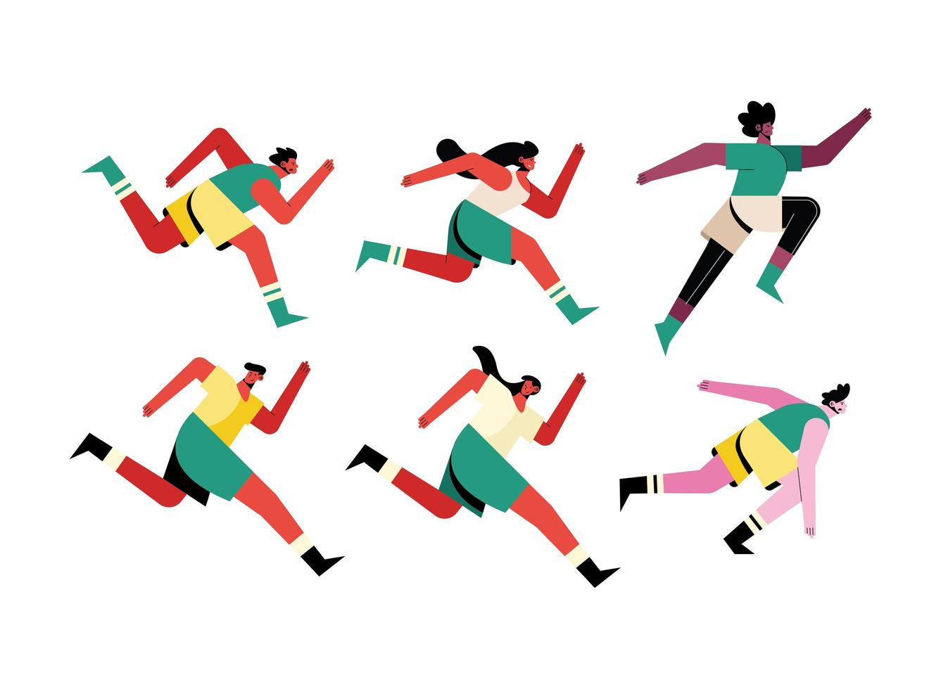 bundle of six runners athletes interracial characters vector