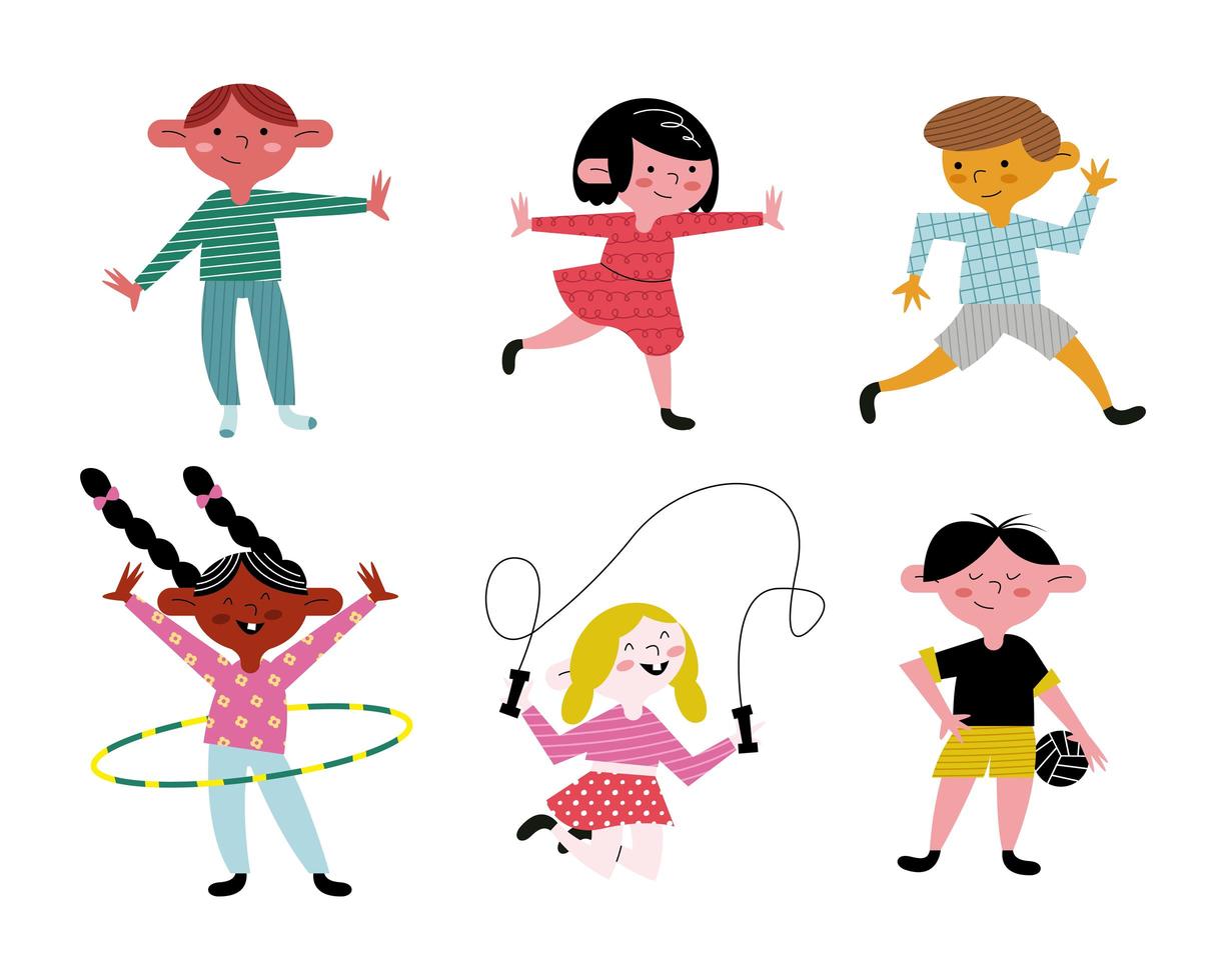 happy little six kids practicing activities avatars characters vector