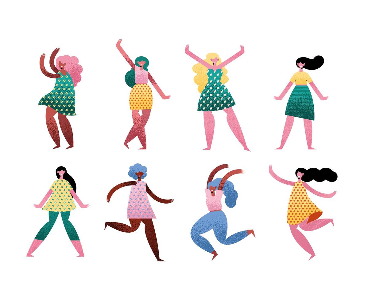 group of eight girls avatars characters vector