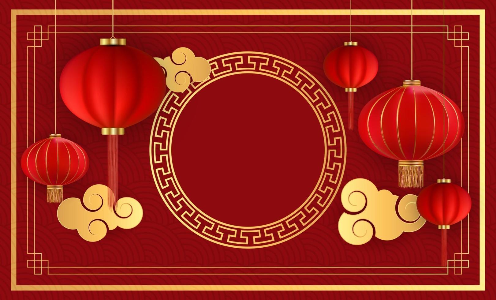 Abstract Chinese Holiday Background with hanging lanterns and plum flowers. Vector Illustration EPS10