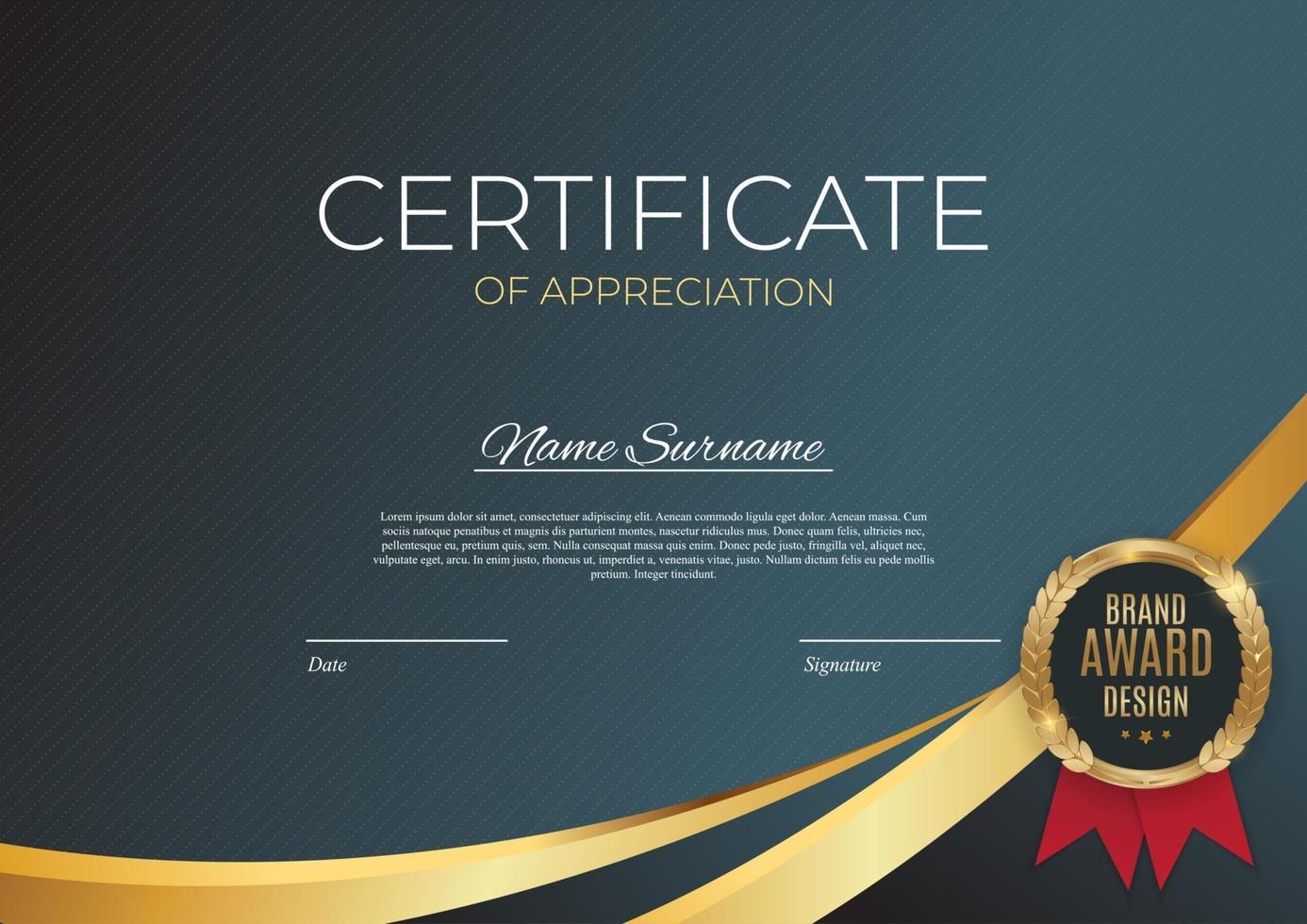Certificate of achievement template set Background with gold badge and border. Award diploma design blank. Vector Illustration