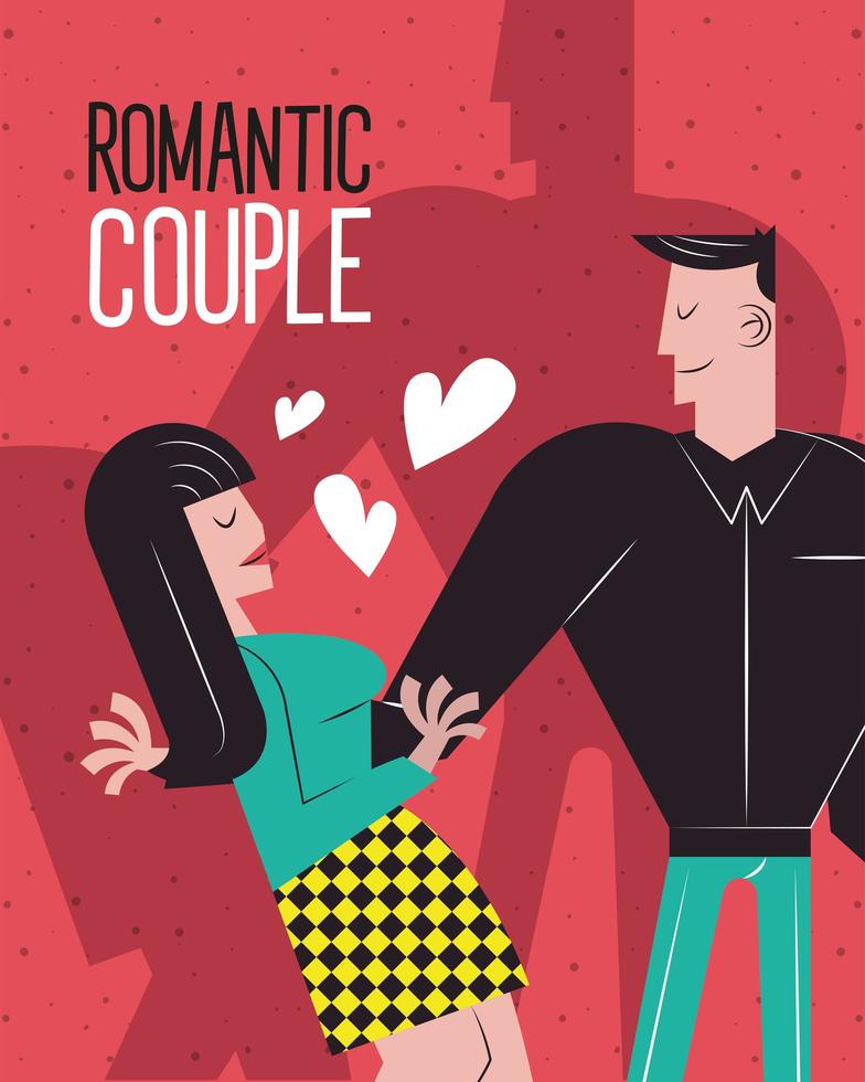 Dibujos animados de pareja romántica con diseño de vector de corazones