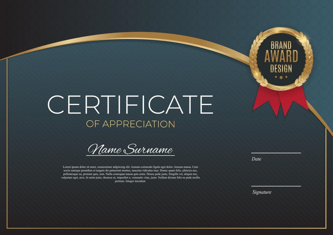 Certificate of achievement template set Background with gold badge and border. Award diploma design blank. Vector Illustration