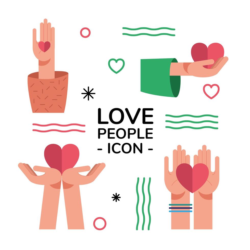 bundle of hands and love people set icons and lettering vector