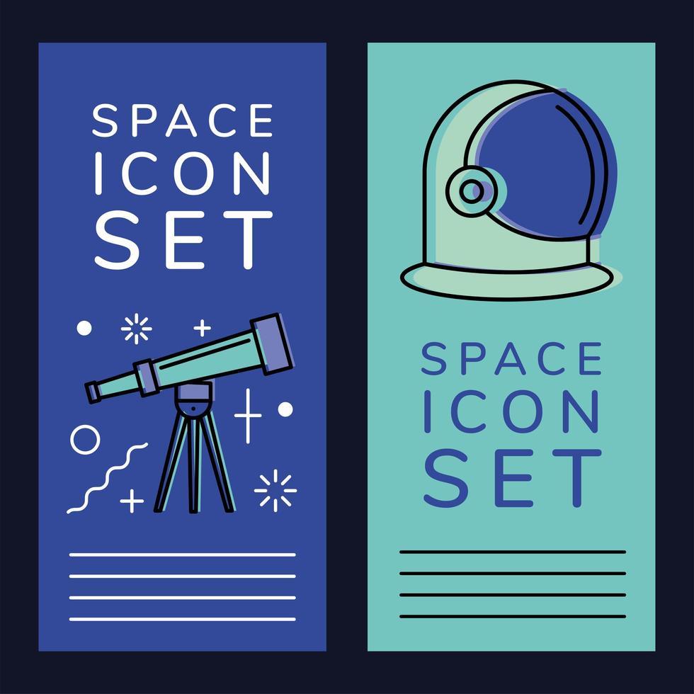 Telescopio espacial y casco de astronauta en marcos de etiquetas de diseño vectorial vector