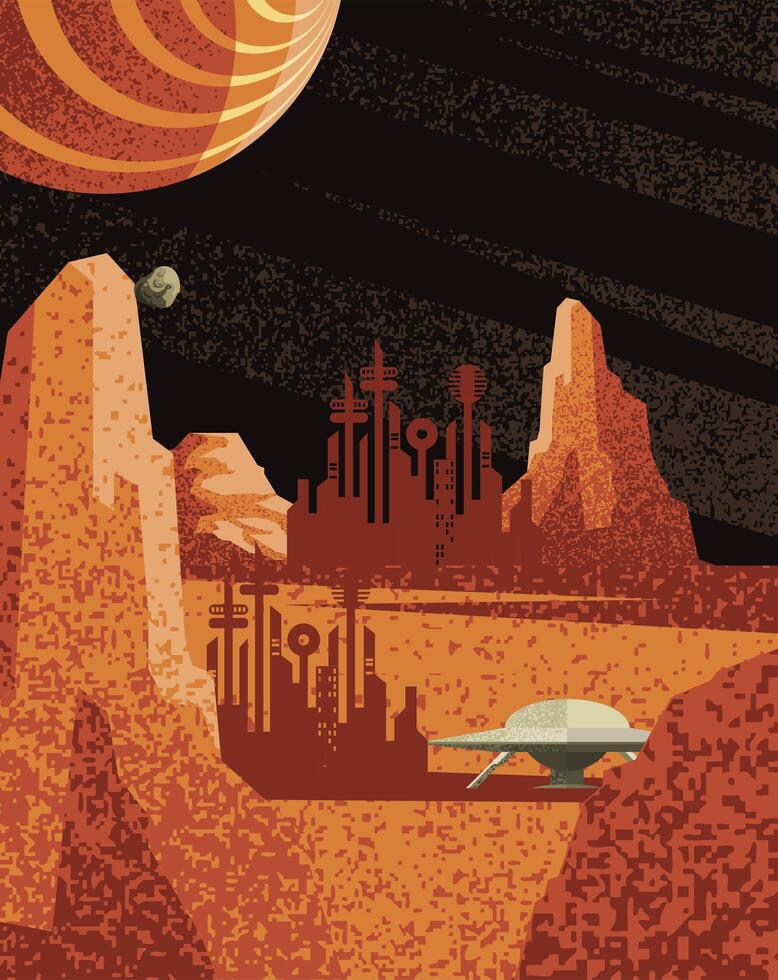Space sci-fi city and ufo on planet vector design
