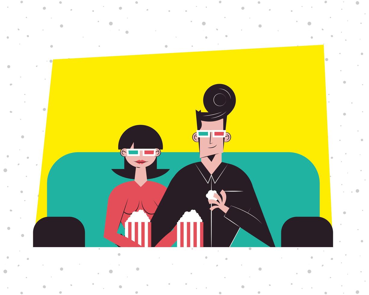 Romantic couple seeing 3d movie with glasses and popcorns vector design