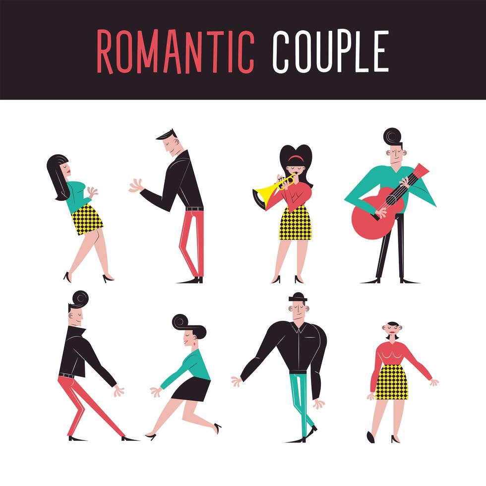 Romantic couple cartoons icon set vector design