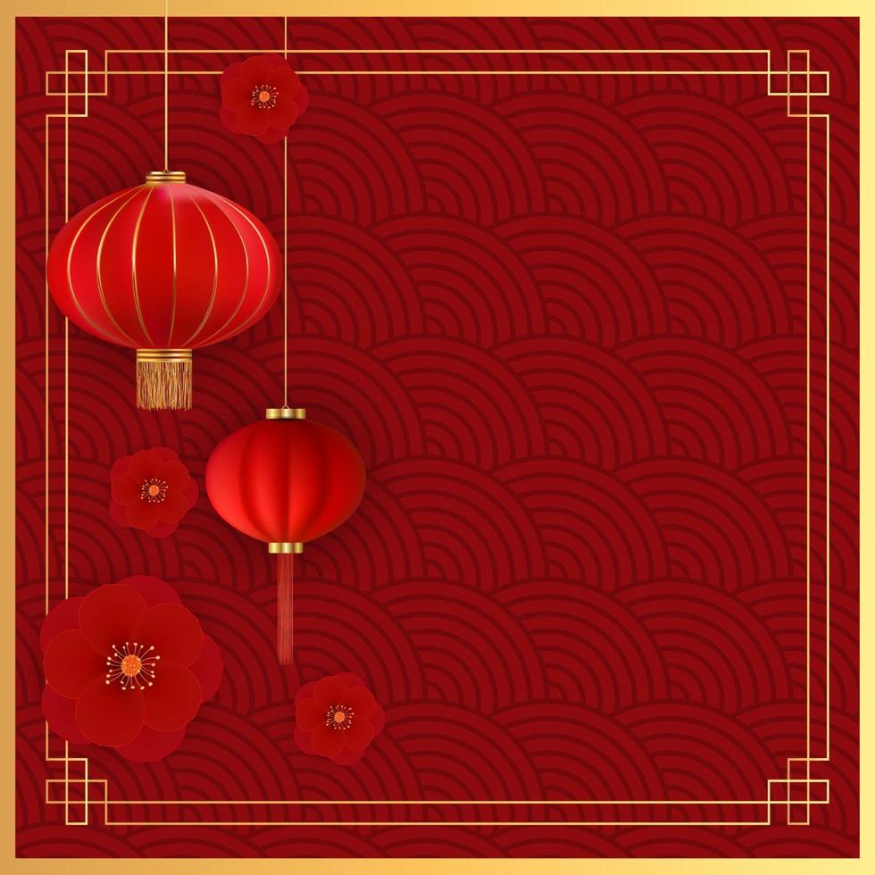 Abstract Chinese Holiday Background with hanging lanterns and plum flowers. Vector Illustration EPS10