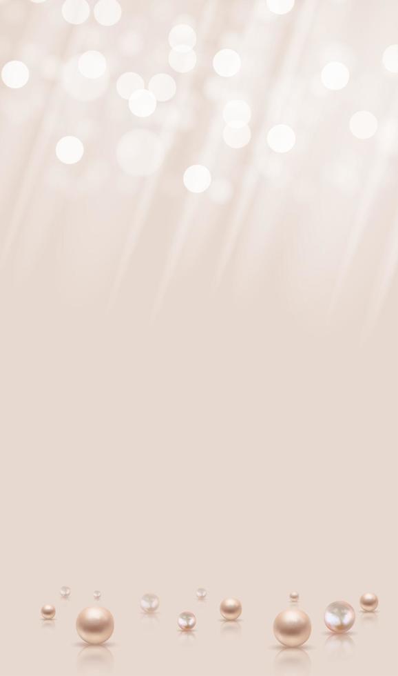 Glossy abstract bokeh lights background with realistic pearls. Vector Illustration