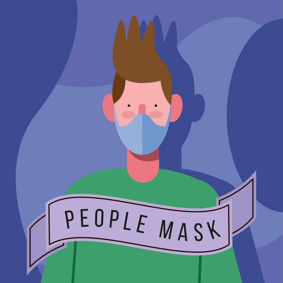 Joven vistiendo máscara médica protección en fondo azul. vector