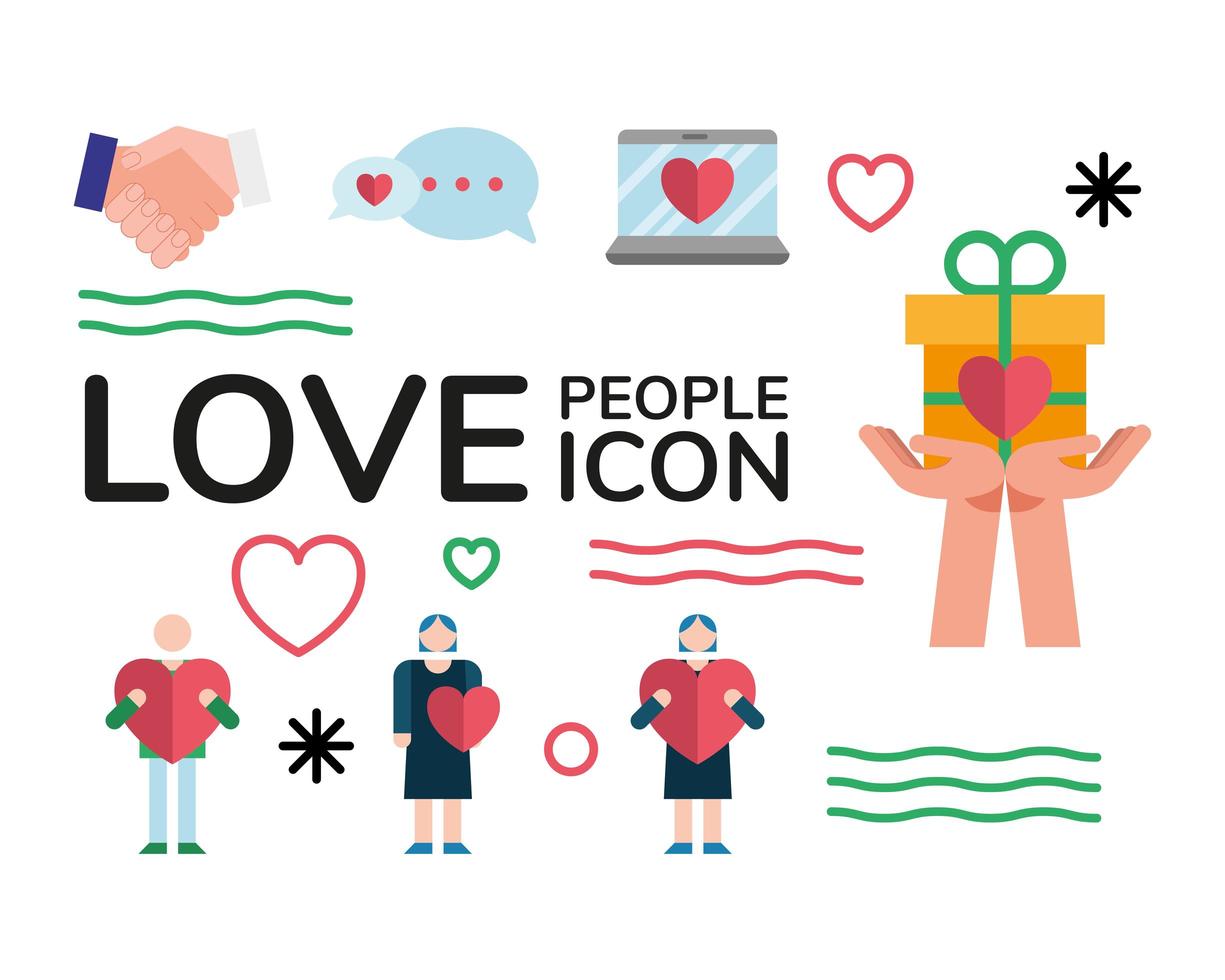 portátil y paquete de gente de amor establece iconos y letras vector