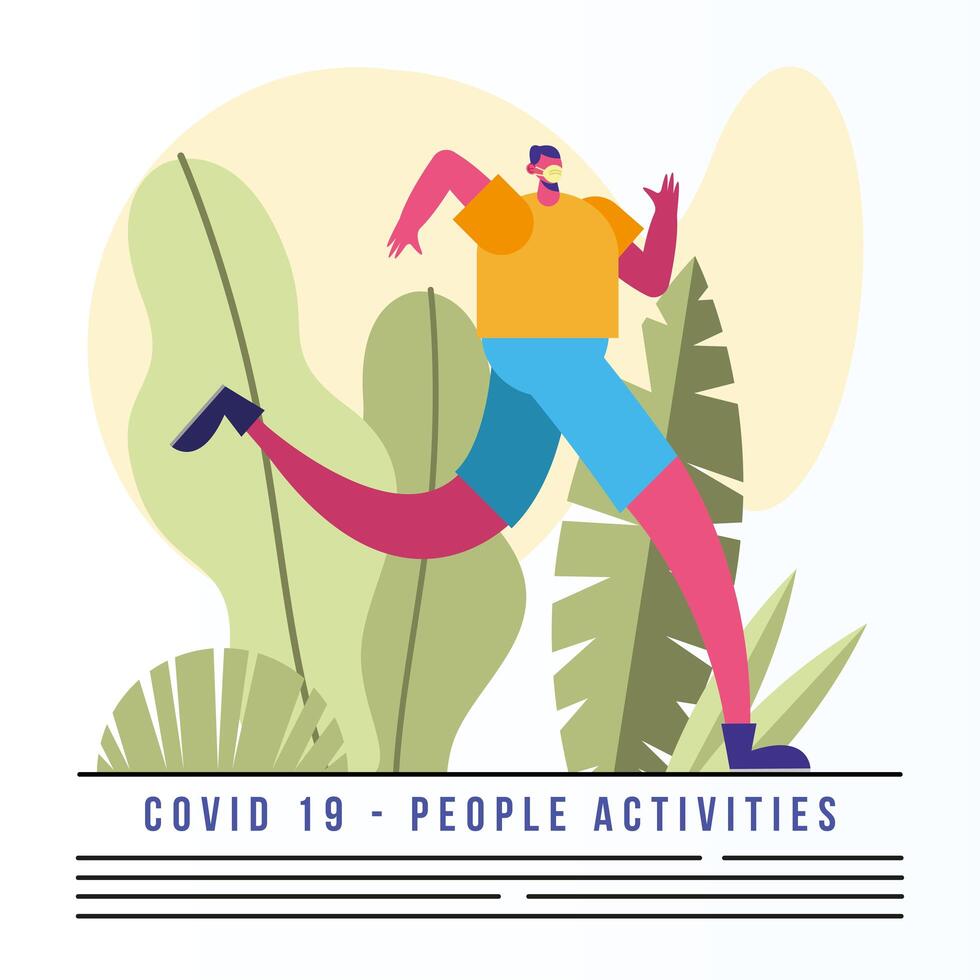 man wearing medical mask running activity and lettering vector