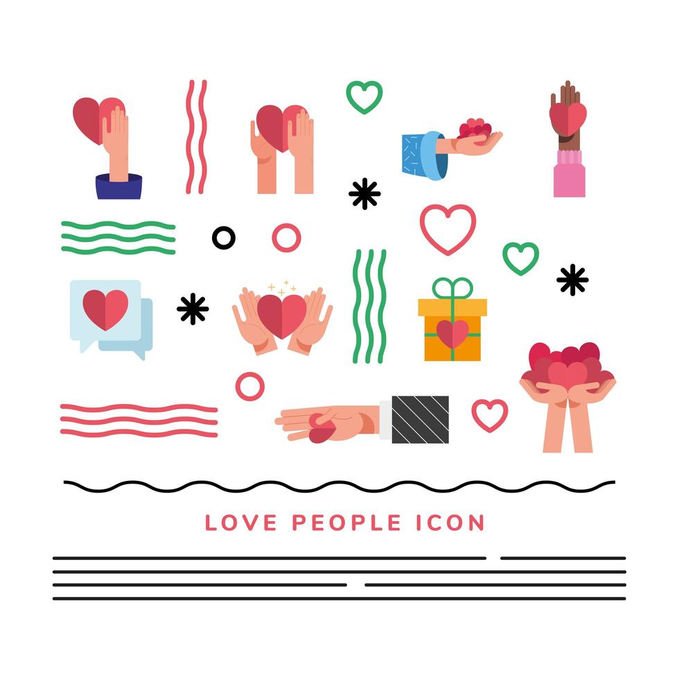 hears and bundle of love people set icons and lettering vector