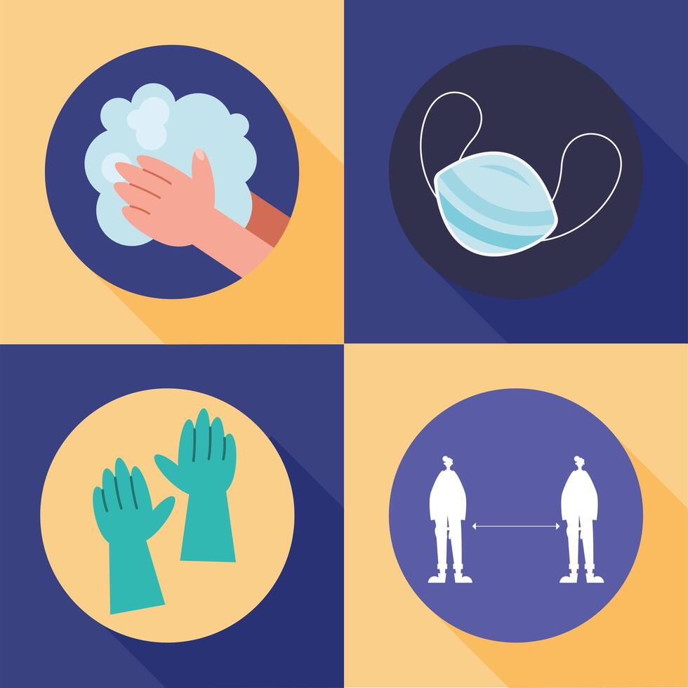 bundle of four covid19 prevention infographics icons vector