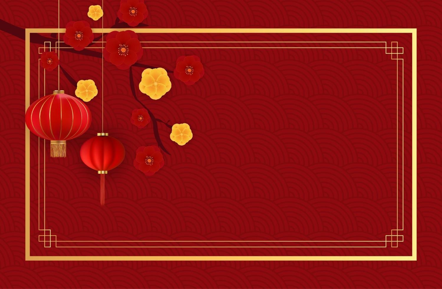 Abstract Chinese Holiday Background with hanging lanterns and plum flowers. Vector Illustration EPS10