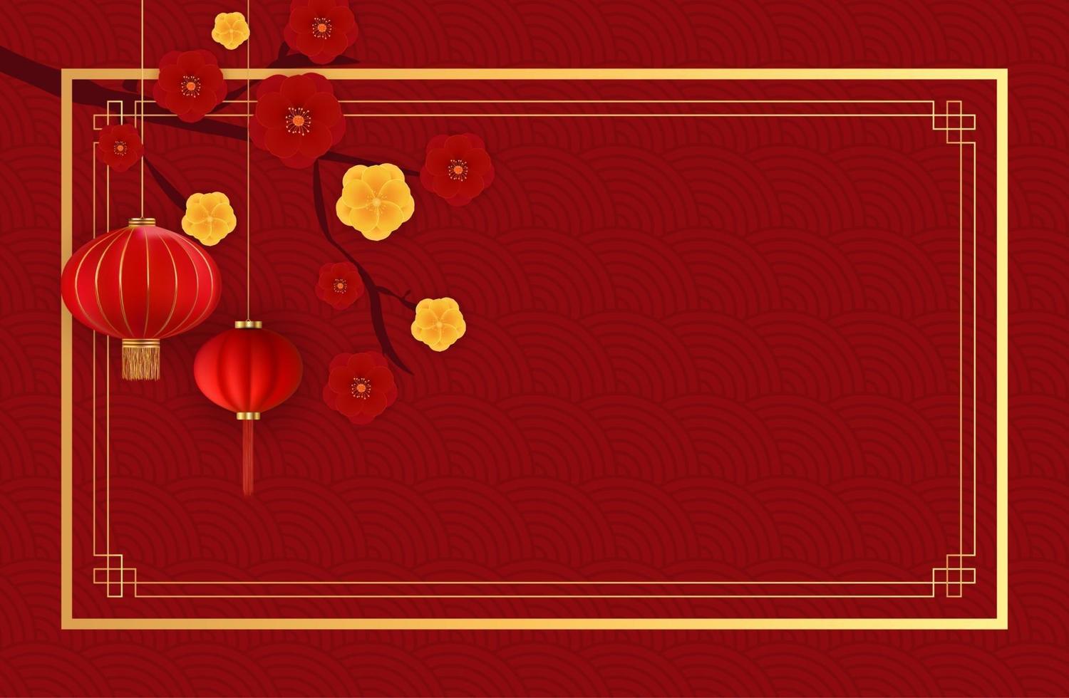 Abstract Chinese Holiday Background with hanging lanterns and plum flowers. Vector Illustration EPS10