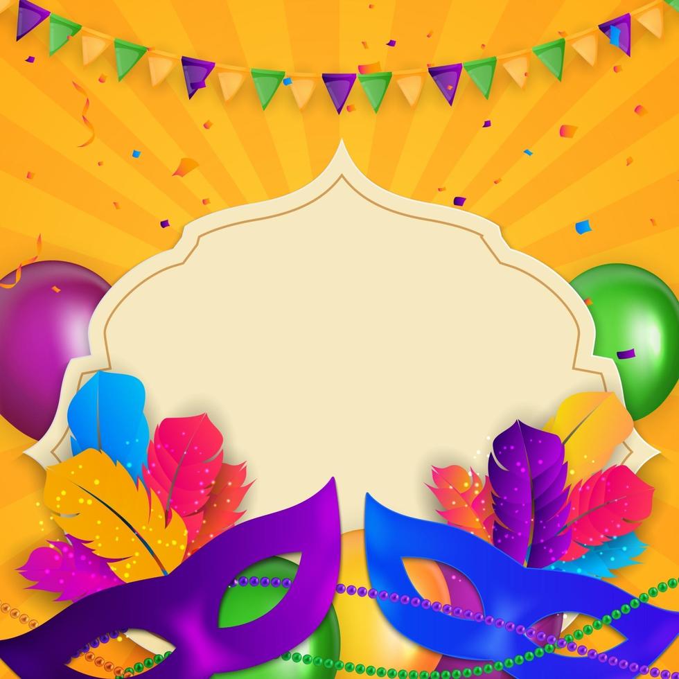 Carnaval Background.Traditional mask with feathers and confetti for fesival, masquerade, parade.Template for design invitation,flyer, poste, banners. Vector Illustration EPS10