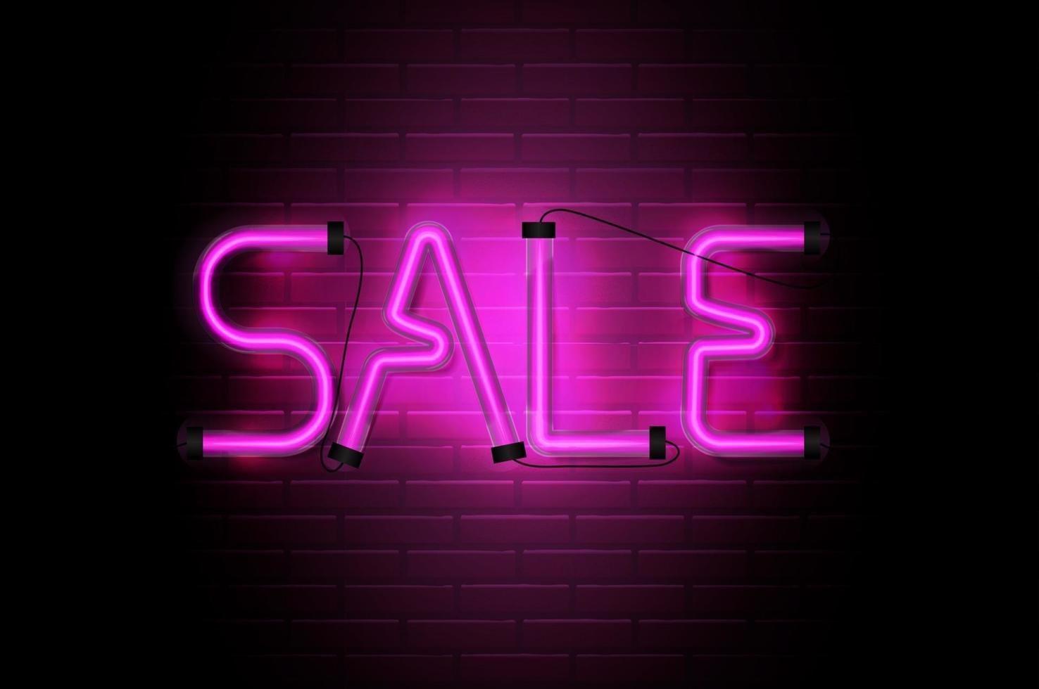 Sale Glowing Neon Pink Tubes on Dark Brick Wall  Background. Vector Illustration