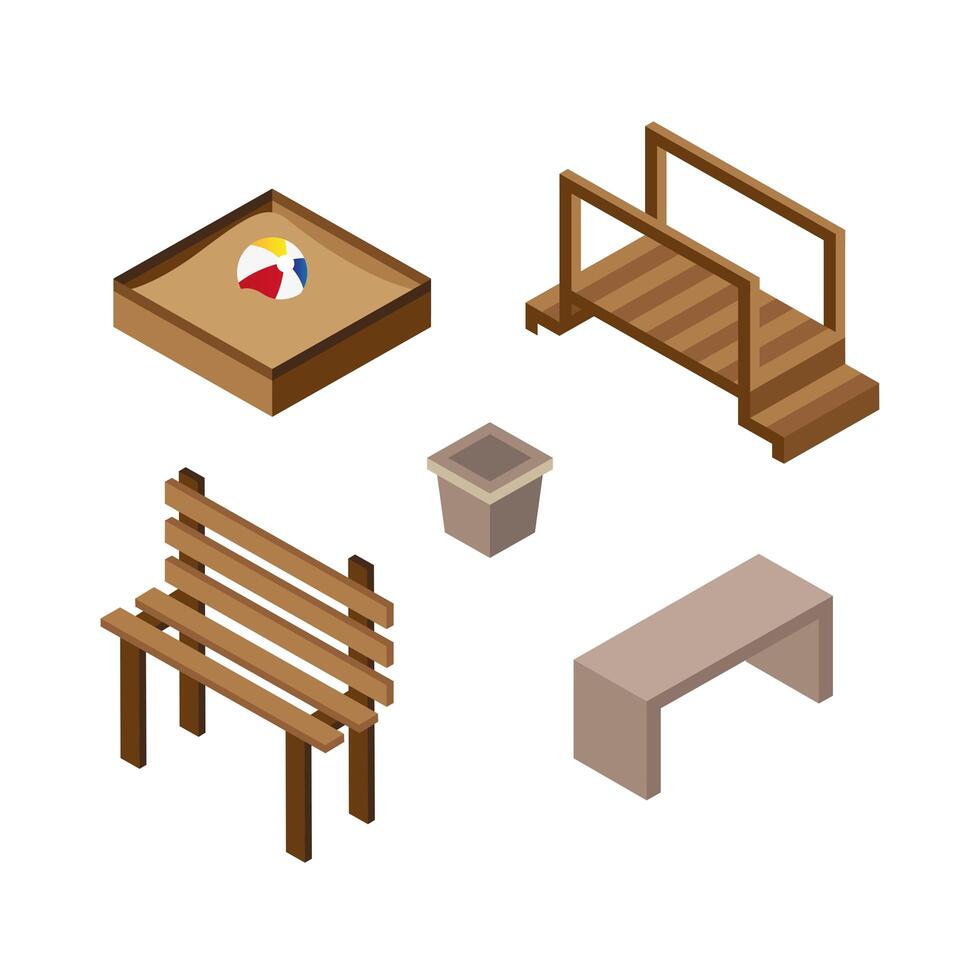 bundle of wooden park Isometric style icons vector