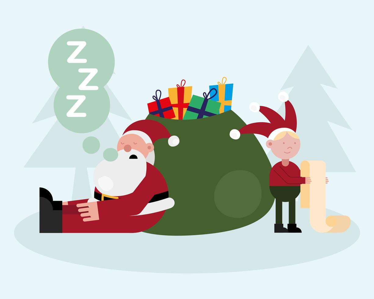 santa claus y elfo durmiendo en bolsa de regalos personajes navideños vector